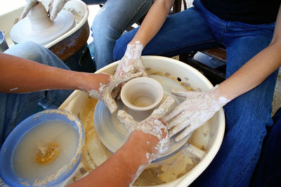 High angle view of people preparing food