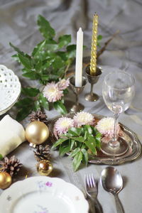 High angle view of wine in glass on table