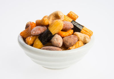 Close-up of food in bowl against white background