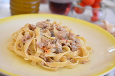 Close-up of pasta served in plate