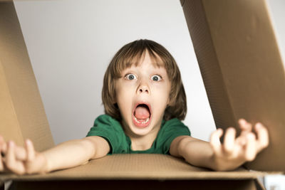 Portrait of cute boy screaming through cardboard box