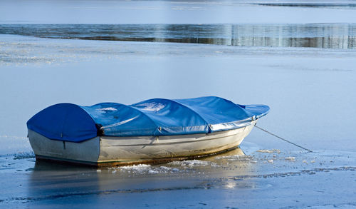 Boat moored on frozen sea shore