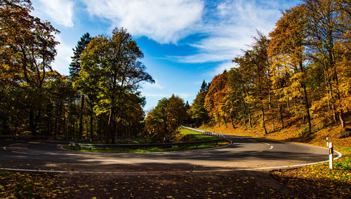 Road amidst trees against sky