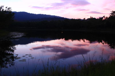 Scenic view of lake against sky at sunset