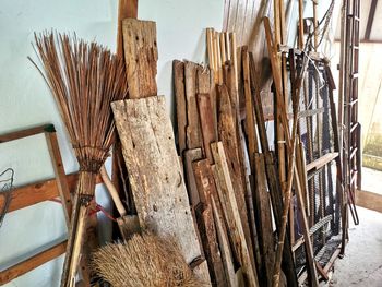 High angle view of paintbrushes on wall