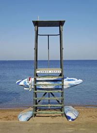 Lifeguard hut on beach against clear sky