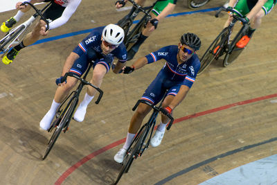 High angle view of people with bicycle