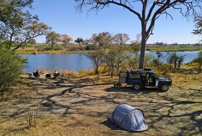 Lounge chairs on field by trees against sky