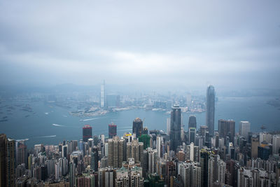 City skyline with sea in background