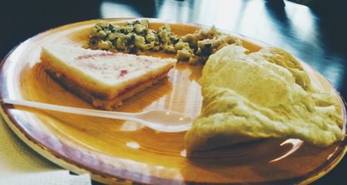 Close-up of breakfast served on table