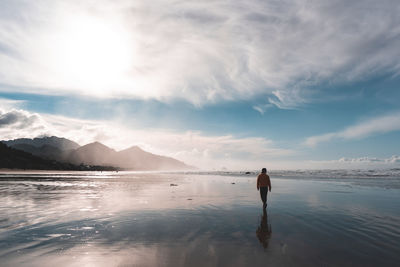 Rear view of man standing on shore against sky