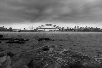 Scenic view of river against sky in city