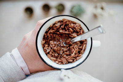 High angle view of person having breakfast