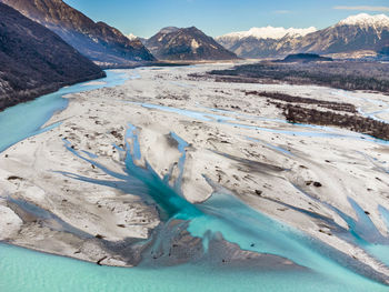 Scenic view of snowcapped mountains and lake