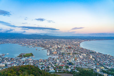 View from mt. hakodate observation deck in sunset time. hakodate city, hokkaido, japan