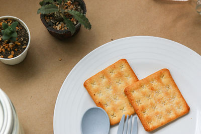 High angle view of breakfast served on table