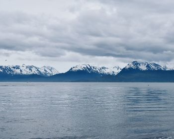 Scenic view of lake against cloudy sky