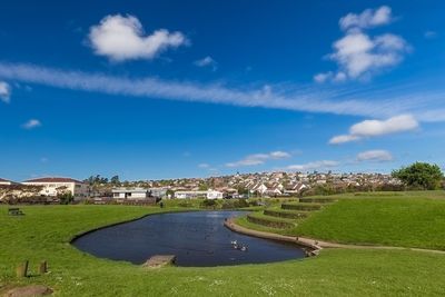 Scenic view of landscape against blue sky