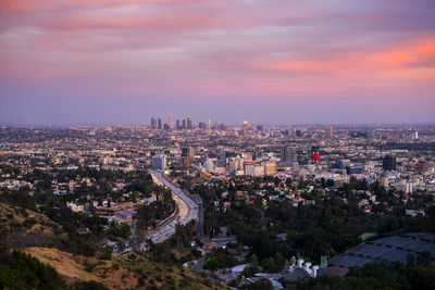 High angle view of la cityscape at sunset