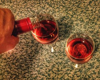 Close-up high angle view of beer glasses