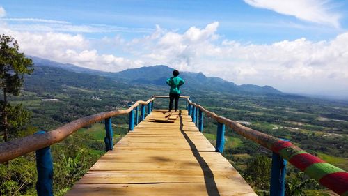 Rear view of hiker standing at observation point