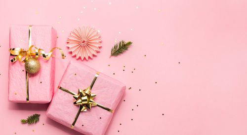 High angle view of pink flowers on table