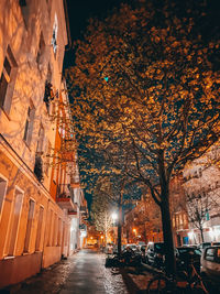 Illuminated street amidst buildings in city at night