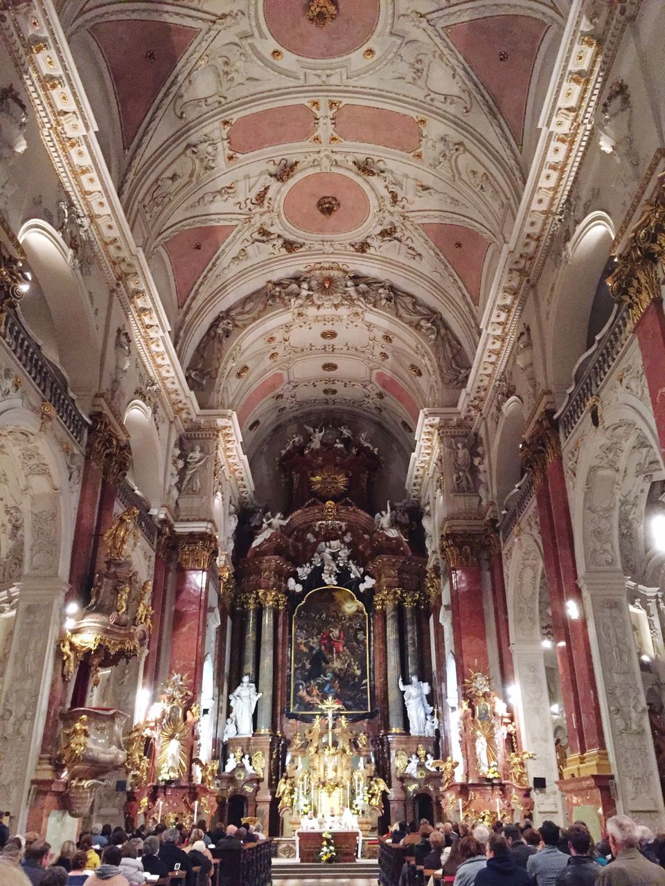 indoors, religion, place of worship, spirituality, ceiling, church, architecture, built structure, ornate, low angle view, interior, hanging, cathedral, chandelier, art and craft, arch, history, art