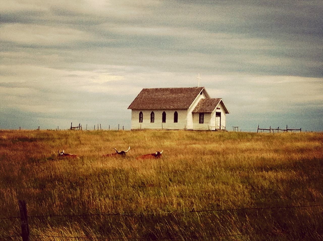 sky, grass, built structure, building exterior, architecture, field, cloud - sky, house, landscape, grassy, cloud, nature, tranquility, tranquil scene, scenics, rural scene, beauty in nature, day, outdoors, cloudy