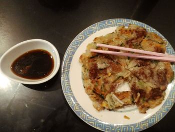 High angle view of meal served on table