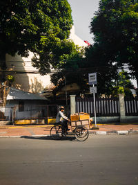 Man riding bicycle on street in city