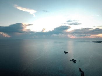 Aerial wide panorama, early morning blue sky sunrise semporna, borneo sabah malaysia.
