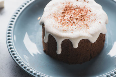 High angle view of cake in plate on table