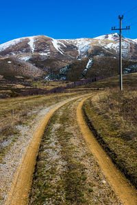 Road amidst snowcapped mountains against clear sky