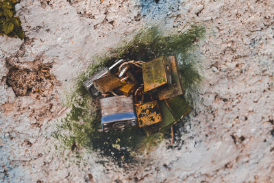 High angle view of rusty abandoned wall