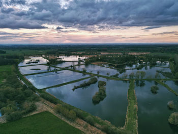 High angle view of landscape against sky during sunset