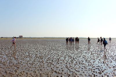 People on beach against clear sky