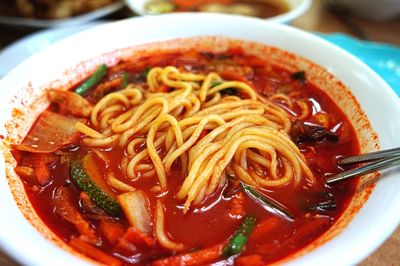 Close-up of spicy noodles in bowl