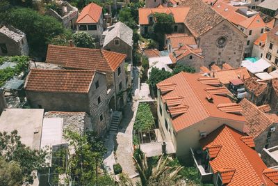 High angle view of houses in city