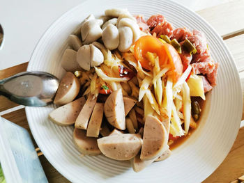 High angle view of food in plate on table