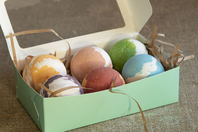 Close-up of easter eggs in box
