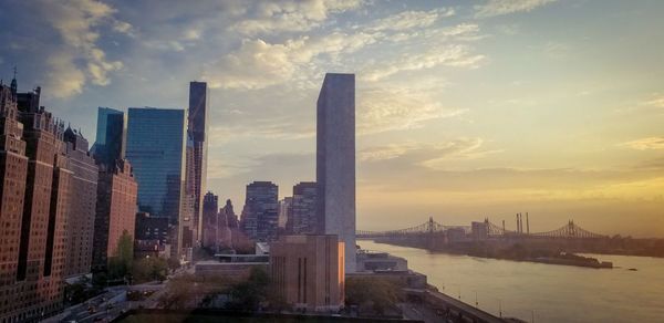 Panoramic view of buildings against sky during sunset