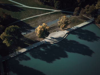 High angle view of swimming pool by lake