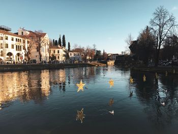 View of lake and buildings against sky