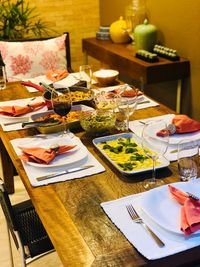 High angle view of food served on table