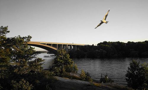 Low angle view of bridge over river against clear sky