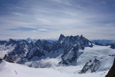 Scenic view of snow covered mountains against sky