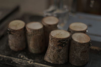 Close-up of old objects on table