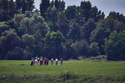 Rear view of people on field