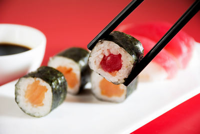 Close-up of sushi served in plate